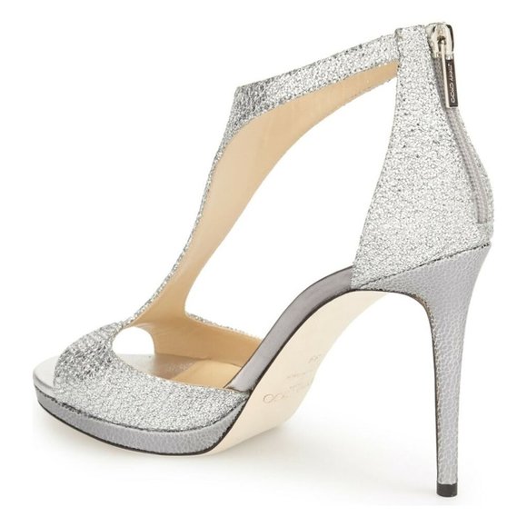 $900 JIMMY CHOO Lana Sandal GLITTER SILVER T-STRAPS 100MM PLATFORM 37.5 (B27) - Picture 3 of 11